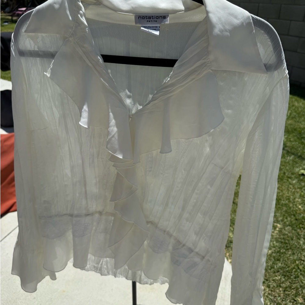 Notations Petite Ruffle Front Sheer White Blouse PM